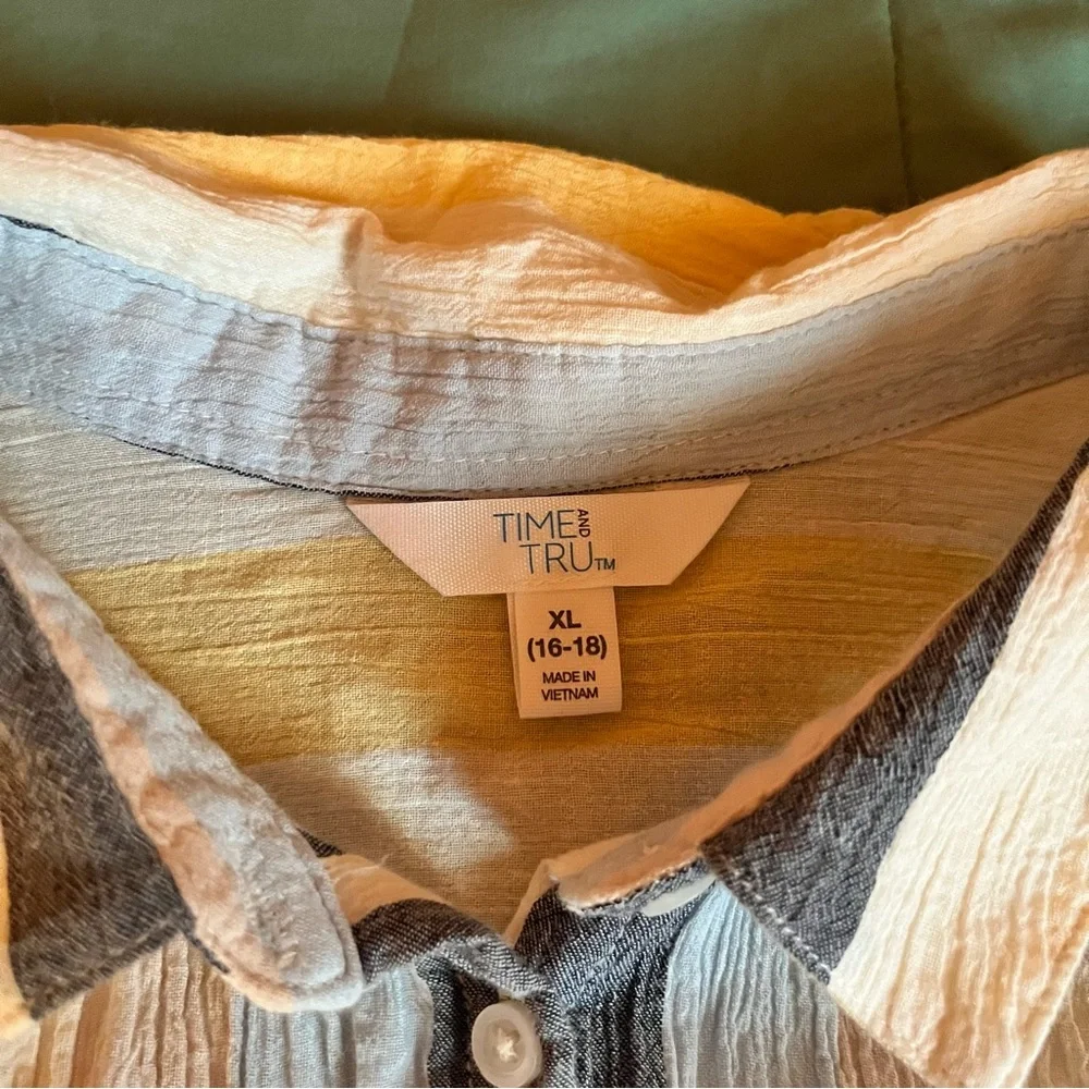 Time and Tru Women’s Casual Striped Shirt - Yellow Blue and Gray - Picture 9 of 11